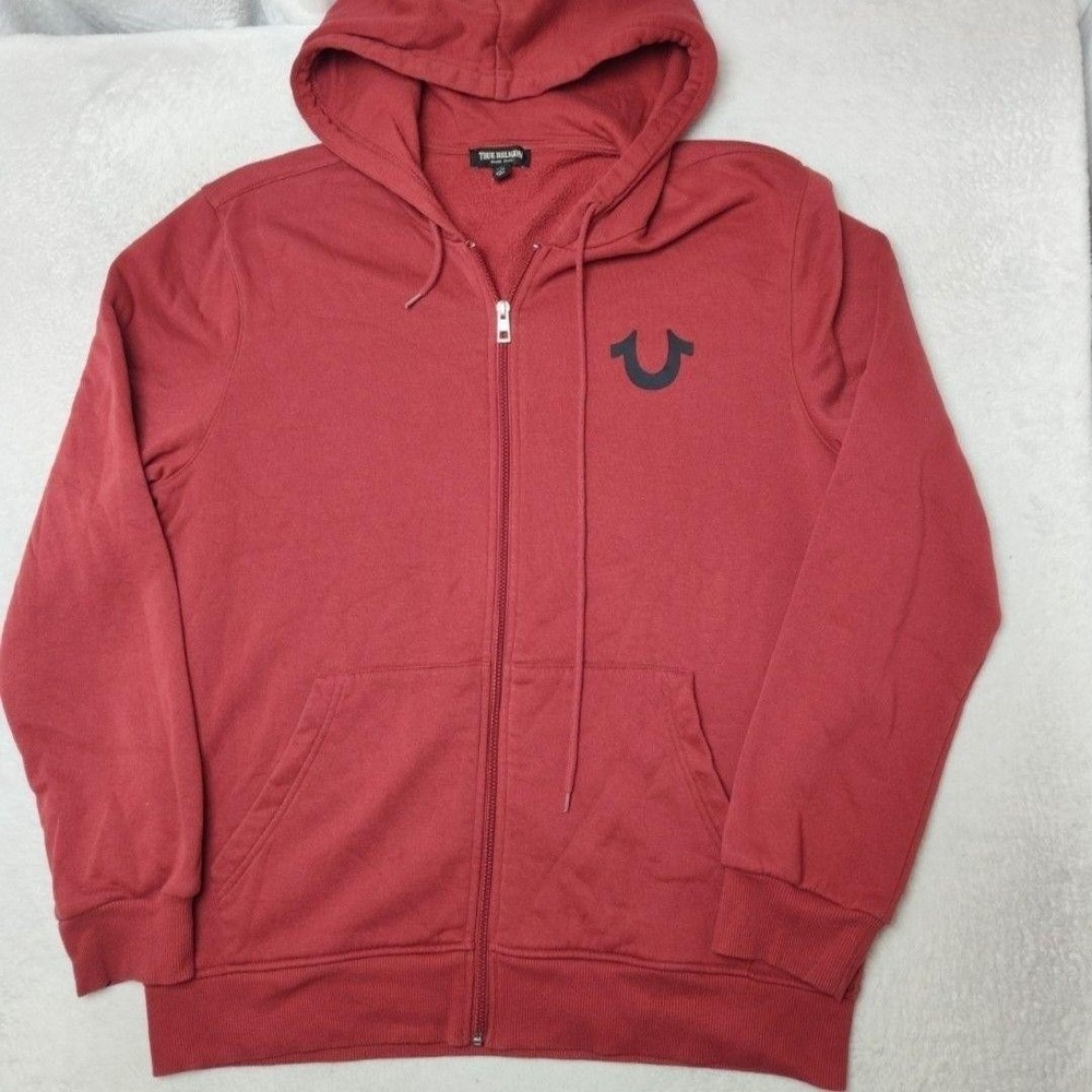True Religion Hoodie Mens L Red Full Zip Hooded Graphic Fleece Buddha Back